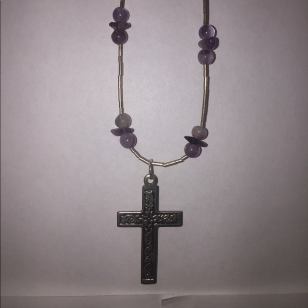Silver cross w/Amethyst beads